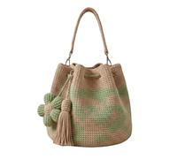 Embroidery Aesthetic Boho Bag Lightweight Needlepoint Barrel Drawstring Purse with Flower Tassel Hand-Crochet Woven Summer Beach Bag for Women Vacation (Green)
