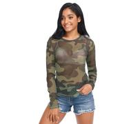 Embroidery and Rhinestones Small Red Butterfly Women Mesh See Through Top, Long Sleeve Shirt, Sheer Blouse, Crop Tops, Abstract Camouflage Print Pattern, M