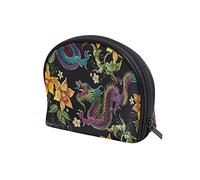 Embroidery Asian Dragons Yellow Flowers Chinese Dragons on Dark Women's Shell Shape Cosmetic Makeup Bag, With Zipper Travel Toiletry Bag, Colorful Storage Bag for Lady Girl 8 x 2.5 x 5.5 inch