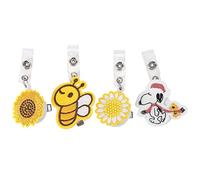 Embroidery Cartoon Badge Reel, Retractable ID Name Card Holder, 4Pcs Colorful Designs - Lightweight Durable Materials, Easy Clip for Nurses and Office Use (Little Bee (1) + Sunflower (1) +