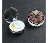 Embroidery Colorful Butterfly Pill Box 3 Compartment Round Metal Pill Case for Purse & Pocket, Portable Medicine Organizer Travel Pillbox Daily Pill Container Holder to Hold Vitamins, Fish Oil