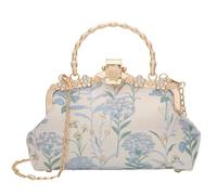 Embroidery Evening Bag Bright Relief Flower Womens Clutch Kiss Lock Evening Bag for Wedding Party Prom with Strap Pearls(Blue)