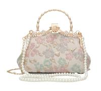 Embroidery Evening Bag Bright Relief Flower Womens Clutch Kiss Lock Evening Bag for Wedding Party Prom with Strap Pearls For Women(Pink)