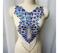 Embroidery Evening Gown Applique, Gold Silver Blue Sequin Lace Fabric Beads Tassel Wedding Gown Appliques Dreamy Collar Embroidery Sew Patch for Dress Decor(Royal Blue)