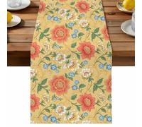 Embroidery Floral Table Runner, Country Oriental Traditional Flower Red Yellow Cotton and Table Linen Runner for Kitchen Dining Home Decor for Party Festival Holiday Decoration Gift 13x108in
