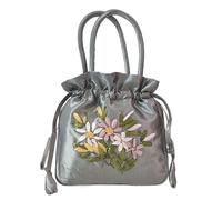 Embroidery Flower Clutch Bag - Satin-Finish Polyester Women's Evening Purse,Wedding Guest Bag with Drawstring 7.5in Travel Wallet(Grey)