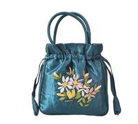 Embroidery Flower Clutch Bag - Satin-Finish Polyester Women's Evening Purse,Wedding Guest Bag with Drawstring 7.5in Travel Wallet(Blue)