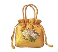 Embroidery Flower Clutch Bag - Satin-Finish Polyester Women's Evening Purse,Wedding Guest Bag with Drawstring 7.5in Travel Wallet(Orange)