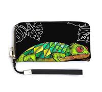 Embroidery Green Chameleon On Trunk Leaves On Black Long Clutch Wallet, Long Handbag with Removable Wristlet Strap, PU Leather Zip Purse, Credit Pass Case Card-Holder for Men Women