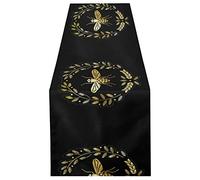 Embroidery Heraldry with Yellow Gold Bee Golden Bee on Black Dark 14" X 108" Rectangle Table Runner Long Tablecloth Placemat for Party Home Decor Indoor Outdoor Office Kitchen Dining Wedding