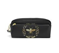 Embroidery Heraldry with Yellow Gold Bee Golden Bee on Black Dark PU Leather Pencil Case, Pencil Bag Storage Pouch Pen Marker Stationery Bag Holder for School Office Portable Zipper Pouch