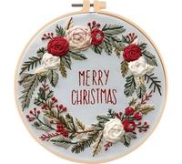 Embroidery Kit for Beginners Adults Christmas Wreath 11.8*11.8inch Stamped Cross Stitch Kits Needlepoint Starter Set with Embroidery Hoop, Color Threads, Needles and Instructions, Stitches Kit