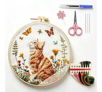 Embroidery Kit for Beginners, Cats & Butterflies Starter Set with Video Tutorials, Learn 28 Different Stitches, 15cm Anti-Bamboo Hoop, Gift for Cat Lovers, Mom, Grandma, Sister, Home Decor, DIY Hobby