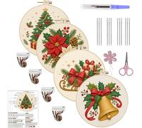 Embroidery Kit for Beginners, DIY Stamped Christmas Hoop Art, Embroidery kit with Patterns & Full Tools, Ideal for Beginners, Home Decor & gifts-4PCS-E