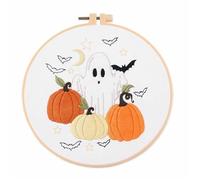 Embroidery Kit for Beginners Stamped Starters with Pattern Halloween Cat Moon Pumpkin with Hoops Cloth Color Threads Cross Stitch Needlework Students Hobby Kits for Adults(#4)
