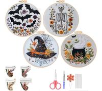 Embroidery Kit Halloween, Stamped Cross Stitch Kit Needlepoint Kit, Gothic Halloween Embroidery Starter Kit for Beginners Adults, DIY Adult Cross Stitch Kits with Needles and Thread Included(4 set)