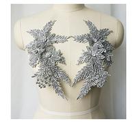Embroidery Lace Applique, 2Pcs Rhinestones Silver Sequin Embroidered Lace Applique Sewing Flower Fabric Patch Wedding Gown Bridal Dress Clothes
