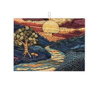 Embroidery Landscape Painting Dish Drying Mat for Kitchen Counter-Absorbent, Non-Slip, Reversible Kitchenware with Prints