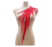 Embroidery Patches Large Embroidered Phoenix Tail Applique Lace Fabric Tassel Flower Patch Collar Wedding Bridal Gown Trimmings Party Dress Decor(Red)