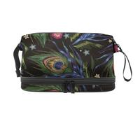 Embroidery Peacock Feather Double Layer Cosmetic Bag for Women and Girls, Travel Toiletry Bag Makeup Handy Pouch Organiser Bag with Brush Compartment