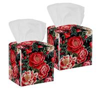 Embroidery Peonies and Wild Red Roses Flowers Tissue Box Cover, Square Tissue Holder Decorative Facial Napkin Dispenser for Bathroom Parlors Vanity Countertop Nightstand