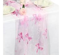 Embroidery Pink Bow Tulle Table Runner Coquette Pink Cheesecloth Table Runner Gauze Boho Dining Decor for Wedding Birthday Baby Shower Christmas Valentine's Home Decor