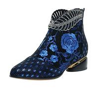 - Embroidery Shoes Lace Boots Heel Women High Short Toe Zipper Women Boots, blue, 5 UK