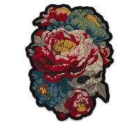 EMBROVERSE Floral Skull Patch - Crimson Peonies Embroidered Iron On Back Patch - Gothic Memento Mori Art with Red Blue Flowers for Jackets Vests Streetwear - Size: 7.5 x 9.8 inches