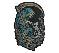 EMBROVERSE Skeleton Cat Back Patch, Iron-On Embroidered Grim Reaper Gothic | Extra-large size for the full panel of a leather jacket; Death and his loyal pet; memorial gift for goth pet owners