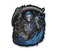 EMBROVERSE Turquoise Grim Reaper Biker Back Patch - Large Embroidered Death Symbol for Jackets, Soul Skull-Themed Iron-On Accessory - Size: 10 x 12.7 Inches