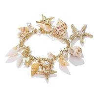 Embtrem Boho Beach Charm Bracelet with Ocean Themed Card Gold Starfish Shell Pearl Bracelet for Women Summer Vacation Jewelry Turtle Cowrie Shells Charm Conch Jewelry Mermaid Accessories, L, no