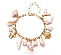 Embtrem Boho Beach Charm Bracelet with Ocean Themed Card Gold Starfish Shell Pearl Bracelet for Women Summer Vacation Jewelry Turtle Cowrie Shells Charm Conch Jewelry Mermaid Accessories, L, no