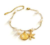 Embtrem Boho Beach Charm Bracelet with Ocean Themed Card Gold Starfish Shell Pearl Bracelet for Women Summer Vacation Jewelry Turtle Cowrie Shells Charm Conch Jewelry Mermaid Accessories, L, no