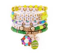 Embtrem Easter Bracelet Set, Bunny & Egg Charm Pastel Beaded Jewelry, Stretch Stackable Spring Holiday Party Favors, Festive Basket Stuffers, L, no gemstone