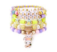 Embtrem Easter Bracelet Set, Bunny & Egg Charm Pastel Beaded Jewelry, Stretch Stackable Spring Holiday Party Favors, Festive Basket Stuffers, L, no gemstone