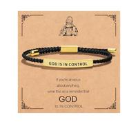 Embtrem God is in Control Bracelet for Men, Inspirational Braided Leather God Cross Engraved Bar Bracelets Stainless Steel Motivational Encouragement Jewelry Gift for Easter Birthday, L, no gemstone