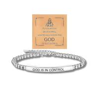Embtrem God is in Control Bracelet for Men, Inspirational Braided Leather God Cross Engraved Bar Bracelets Stainless Steel Motivational Encouragement Jewelry Gift for Easter Birthday, L, no gemstone