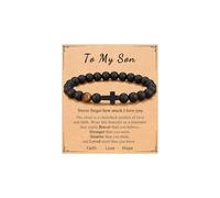 Embtrem to My Son bracelet from Mom Dad Cross Tiger Eyes Bracelets Black Bead Christmas Birthday Jewelry Gifts for Mens, L, no gemstone