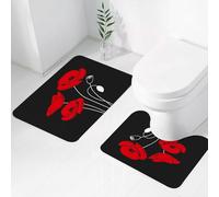EMCLKS 2 Pieces Bath Mat Set,Machine Washable & Non Slip Bath Mats for Bathroom Set,Soft Superfine fiber Bathroom Rugs Mat,quilt pattern red poppies on a black background