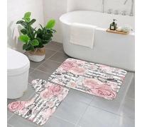 EMCLKS 2 Pieces Bath Mat Set,Machine Washable & Non Slip Bath Mats for Bathroom Set,Soft Superfine fiber Bathroom Rugs Mat,with pink flowers and leaves on gray background with strip Watercolor flor