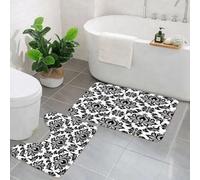 EMCLKS 2 Pieces Bath Mat Set,Machine Washable & Non Slip Bath Mats for Bathroom Set,Soft Superfine fiber Bathroom Rugs Mat,Vintage Luxury Black Damask White Textured
