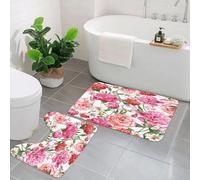 EMCLKS 2 Pieces Bath Mat Set,Machine Washable & Non Slip Bath Mats for Bathroom Set,Soft Superfine fiber Bathroom Rugs Mat,Watercolor,Pink Peonies and Roses Green Leaves Exotic Gentle Bouquet 1