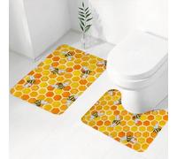 EMCLKS 2 Pieces Bath Mat Set,Machine Washable & Non Slip Bath Mats for Bathroom Set,Soft Superfine fiber Bathroom Rugs Mat,seamless pattern with honeycombs. cute watercolor print with yellow honeycom