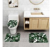 EMCLKS 3 Pieces Bath Mat Set,Machine Washable & Non Slip Bath Mats for Bathroom Set,Soft Superfine fiber Bathroom Rugs Mat,Hand -painted plant green leaves