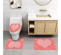 EMCLKS 3 Pieces Bath Mat Set,Machine Washable & Non Slip Bath Mats for Bathroom Set,Soft Superfine fiber Bathroom Rugs Mat,Coral,Big Pink Heart Shape on Ancient Damask Pattern Faded Old Traditional V