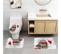EMCLKS 3 Pieces Bath Mat Set,Machine Washable & Non Slip Bath Mats for Bathroom Set,Soft Superfine fiber Bathroom Rugs Mat,Christmas cat in red santa's hat near christmas tree