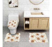 EMCLKS 3 Pieces Bath Mat Set,Machine Washable & Non Slip Bath Mats for Bathroom Set,Soft Superfine fiber Bathroom Rugs Mat,Cow and calf with flower, highland cow, Heifer