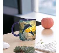 EMCLKS Funny Coffee Mug for Dad,Grandad & Men 11oz Ceramic Premium Mugs - Father’s Day Gift | Novelty Ceramic Coffee Cup | Two Dolphins Jumping Out of sea Over a Beautiful Sunset. Digital Painting.