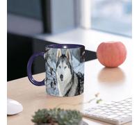 EMCLKS Funny Coffee Mug for Dad,Grandad & Men 11oz Ceramic Premium Mugs - Father’s Day Gift | Novelty Ceramic Coffee Cup | Huskies with Blue Eyes in Snowy Scenery，Husky Stands in The Snow，A Husky wit