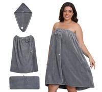 Emdelifo Plus Size Bath Towel Wrap for Women (XXL-XXXXL), Oversize Shower Wrap Dress Spa Bathrobe, Comfortable Adjustable Body Wrap + Hair Drying Towel + towel, Dry Quickly (GREY, 31X62INCH)